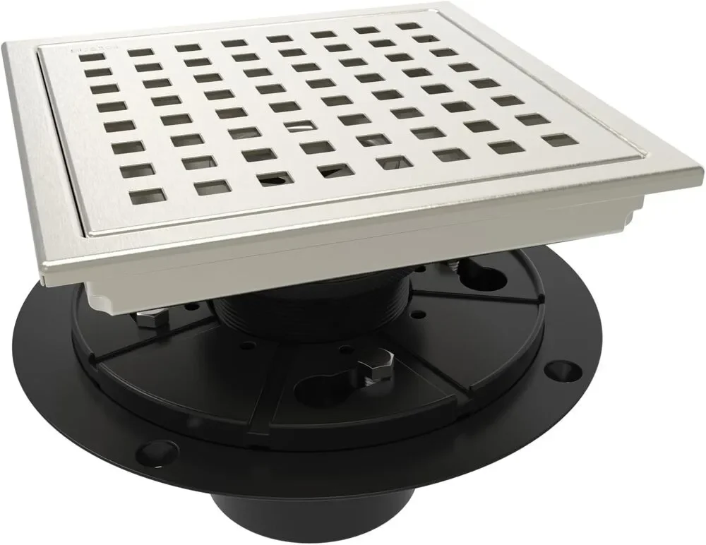 6 Inch Square Shower Drain & Flange, Quadrato, Stainless Steel, Brushed Nickel